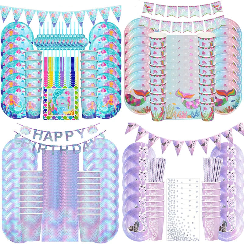 Mermaid Party Supplies Set - Disposable Plates Cups Napkins for Girls Birthday Baby Shower - ZOOMNSTORE