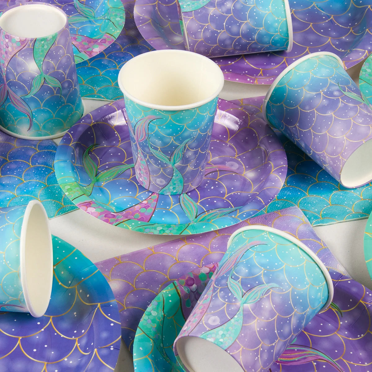 Mermaid Party Supplies Set - Disposable Plates Cups Napkins for Girls Birthday Baby Shower - ZOOMNSTORE