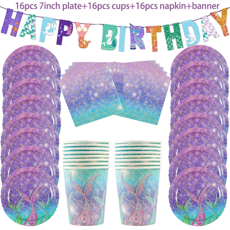 Mermaid Party Supplies Set - Disposable Plates Cups Napkins for Girls Birthday Baby Shower - ZOOMNSTORE