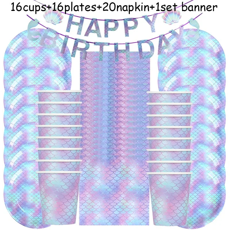 Mermaid Party Supplies Set - Disposable Plates Cups Napkins for Girls Birthday Baby Shower - ZOOMNSTORE