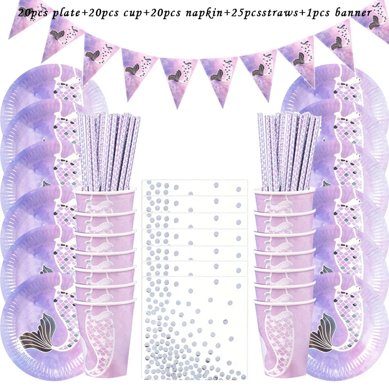Mermaid Party Supplies Set - Disposable Plates Cups Napkins for Girls Birthday Baby Shower - ZOOMNSTORE