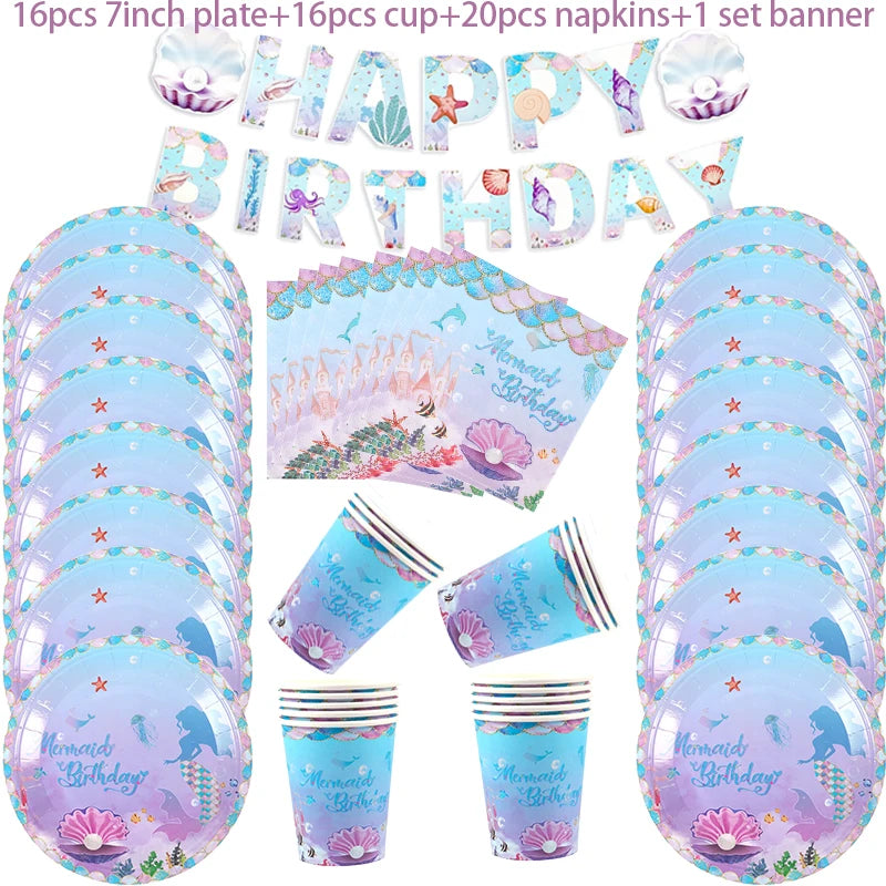 Mermaid Party Supplies Set - Disposable Plates Cups Napkins for Girls Birthday Baby Shower - ZOOMNSTORE