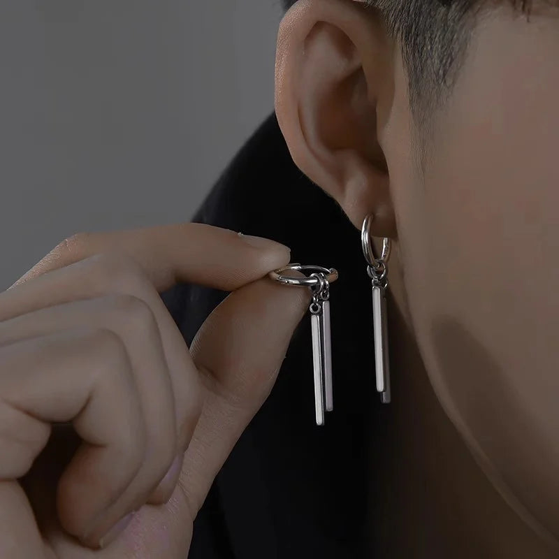 Trendy Men Earrings Minimalist Long Strip Double Stick 925 Sterling Silver Ear Buckle Male Cool Personality Dropping Earrings - ZOOMNSTORE