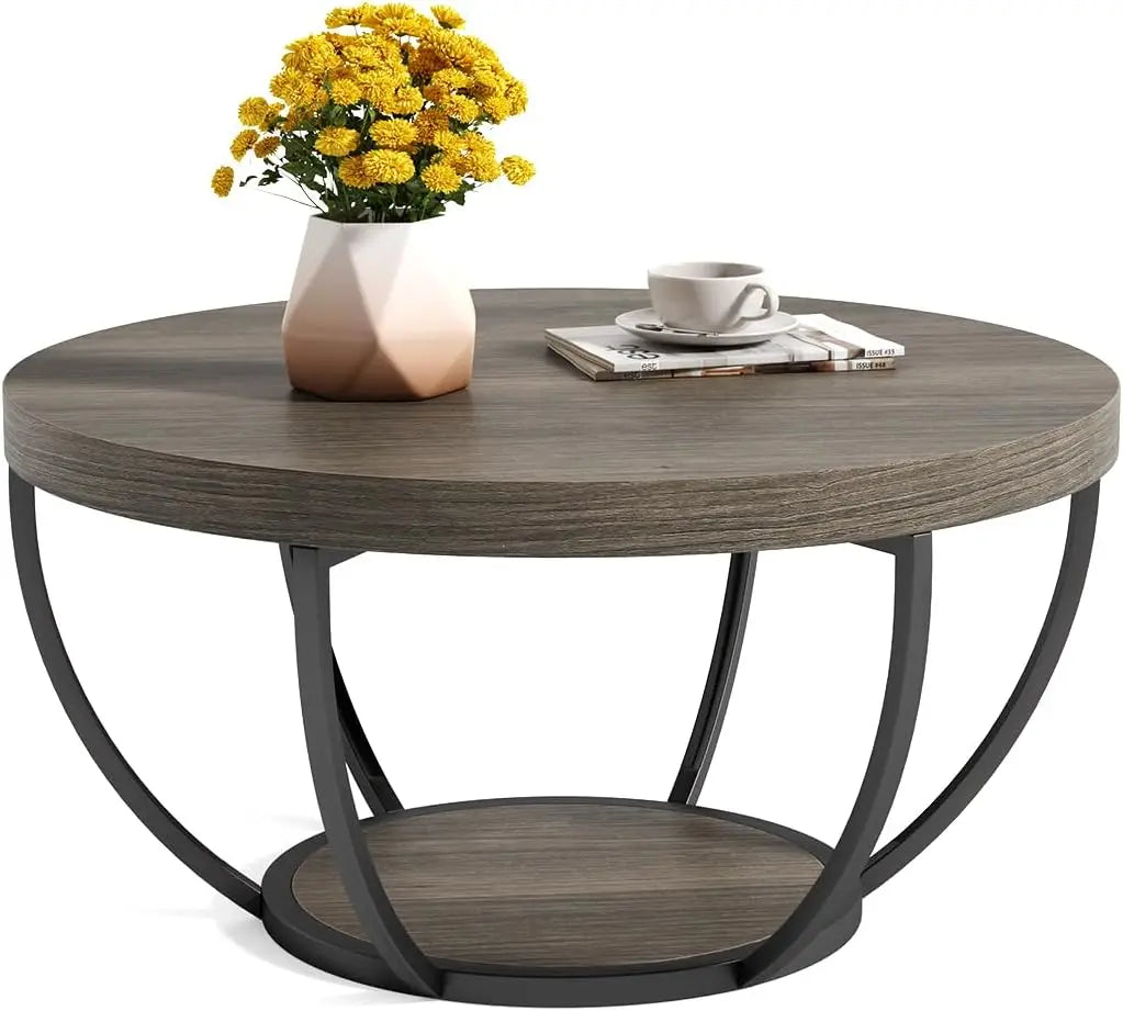 Modern 32 Circle Marble Coffee Table - 2-Tier Golden Metal Legs with Open Storage - ZOOMNSTORE