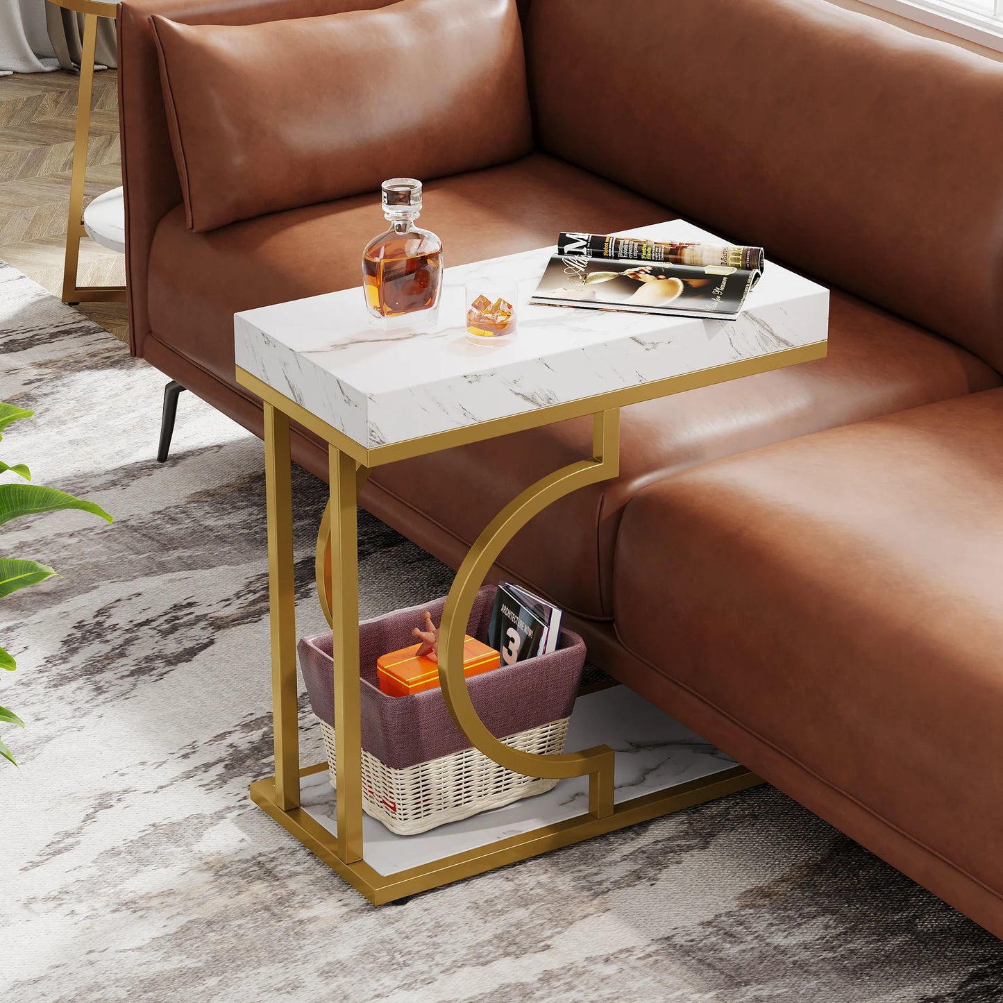 Modern C-Shaped Side Table - White and Gold End Table for Couch or Bedside - ZOOMNSTORE