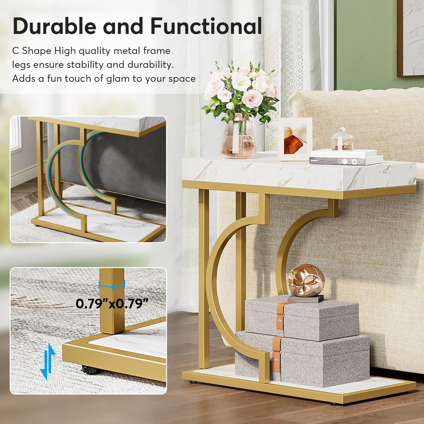 Modern C-Shaped Side Table - White and Gold End Table for Couch or Bedside - ZOOMNSTORE