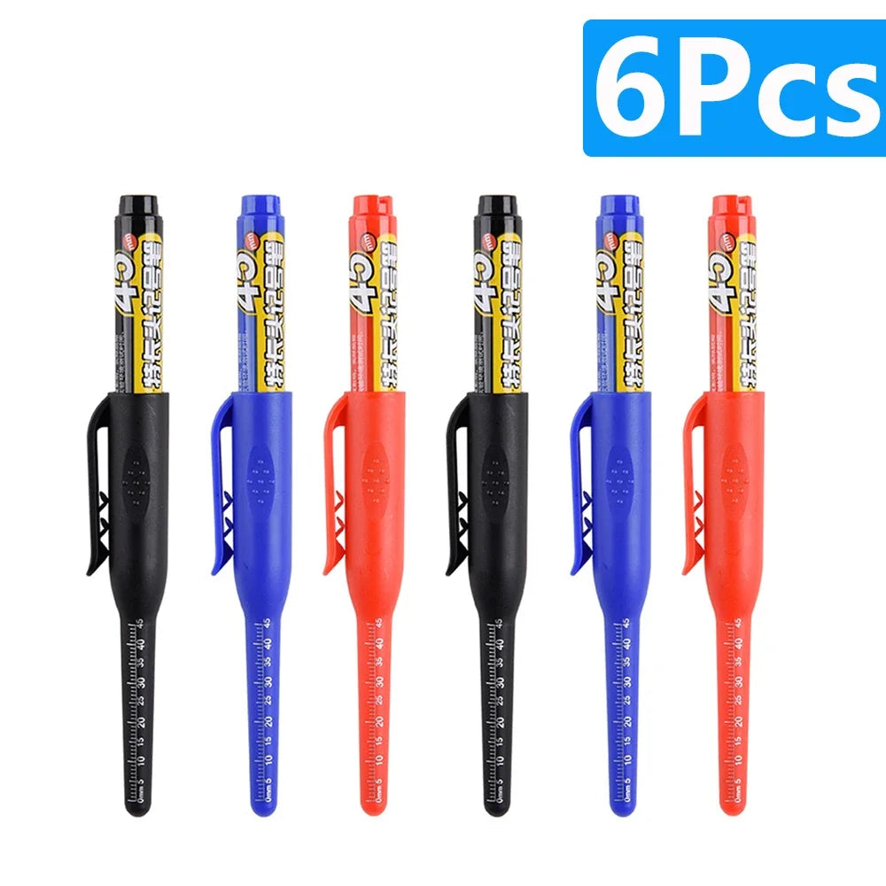 1-6Pcs Multi-Purpose 45mm Deep Drill Hole Long Nib Marker Pens Waterproof for Bathroom Woodworking Long Head Carpenter Pen - ZOOMNSTORE
