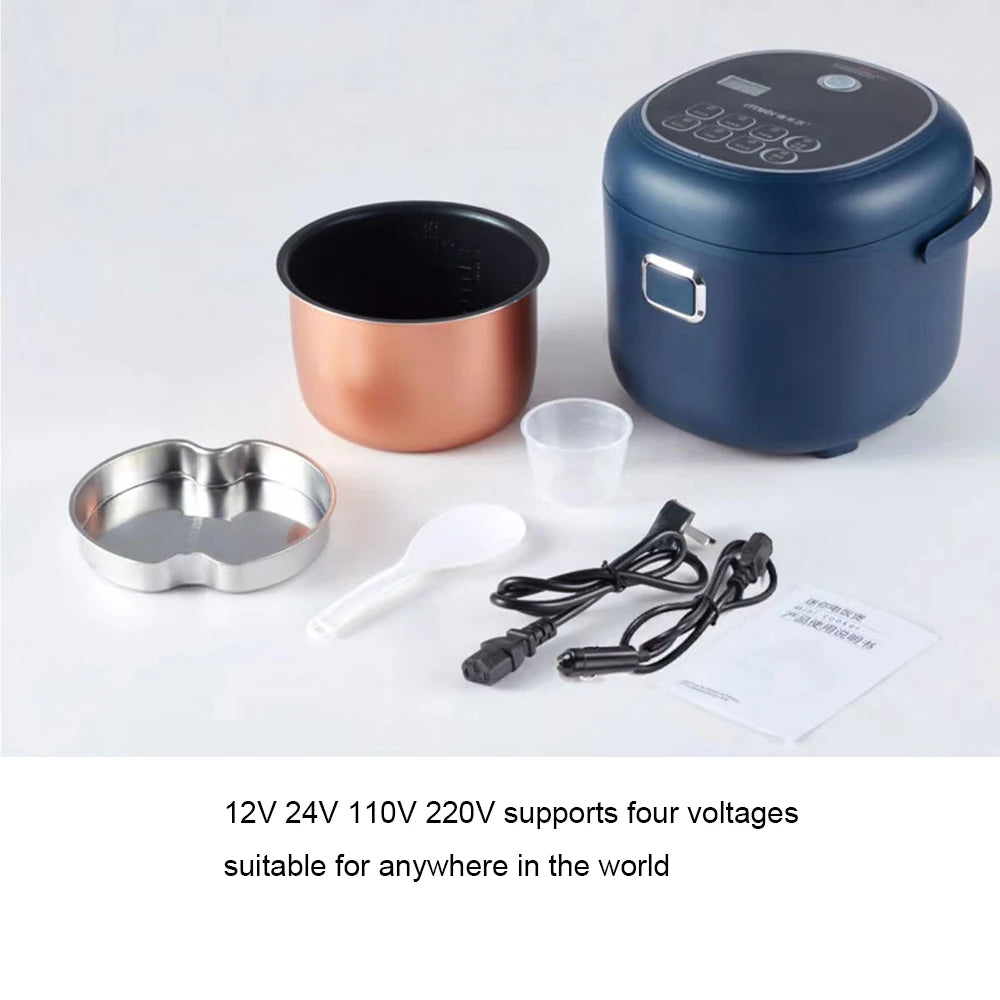 Multi-Voltage Rice Cooker - 2L Car Home Use for Travel 12V 24V 110V 220V - ZOOMNSTORE