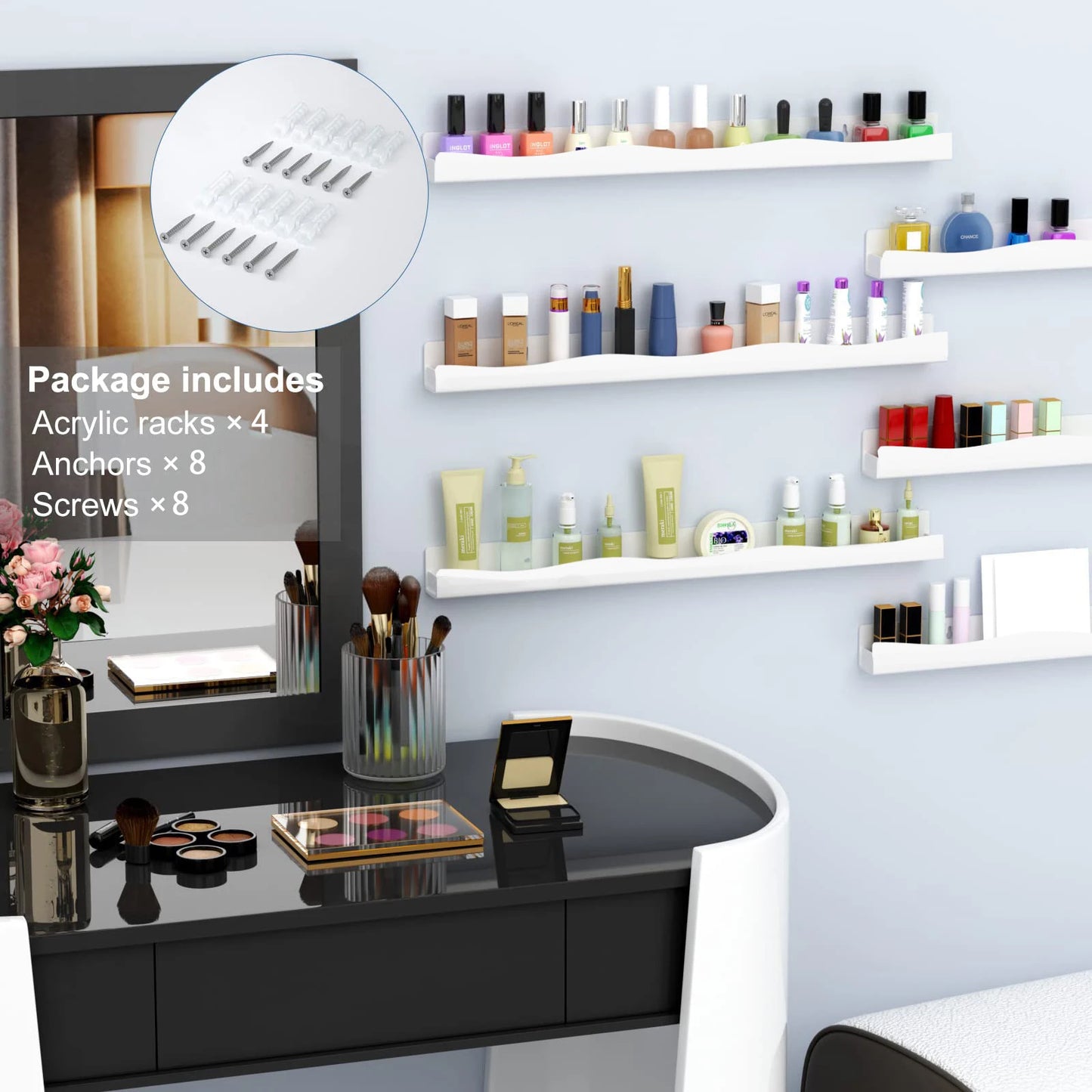 Nail Polish Organizer - Acrylic Wall Nail Shelf 4-Tier White 48 Bottle Rack - ZOOMNSTORE