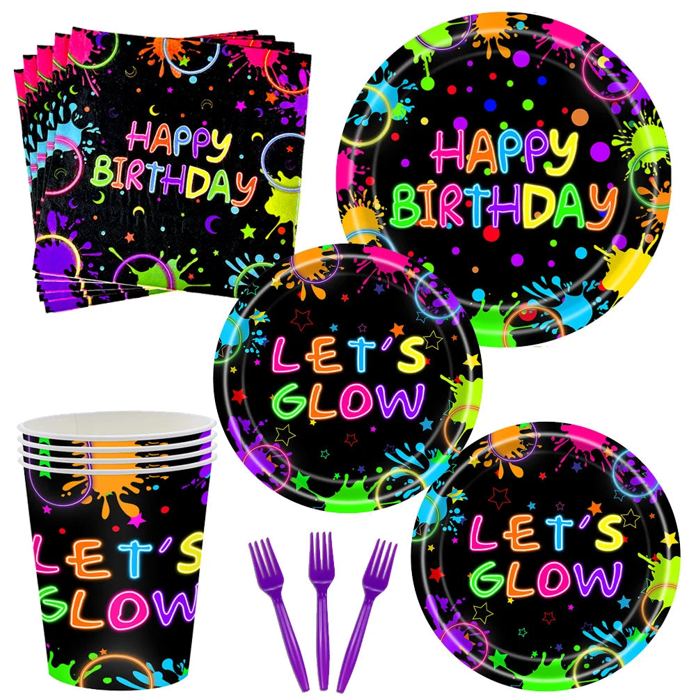 Neon Glow Birthday Party Supplies - Disposable Plates Napkins Cups for Kids - ZOOMNSTORE