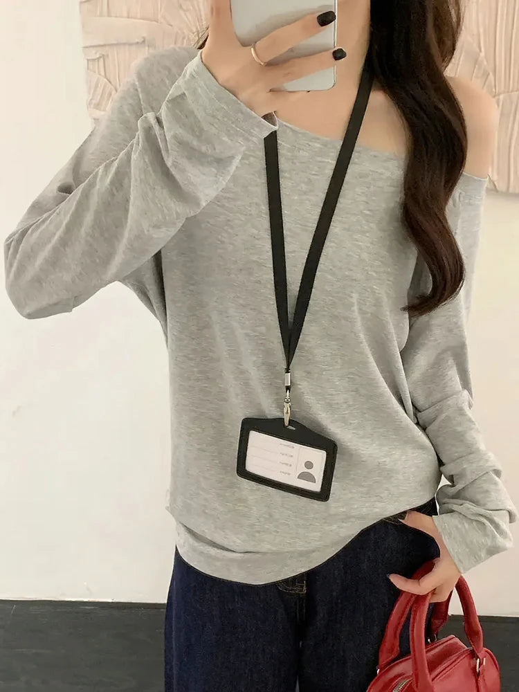 Off Shoulder T Shirt - Oversized Long Sleeve Cotton Tops for Women | Casual Korean Style - ZOOMNSTORE
