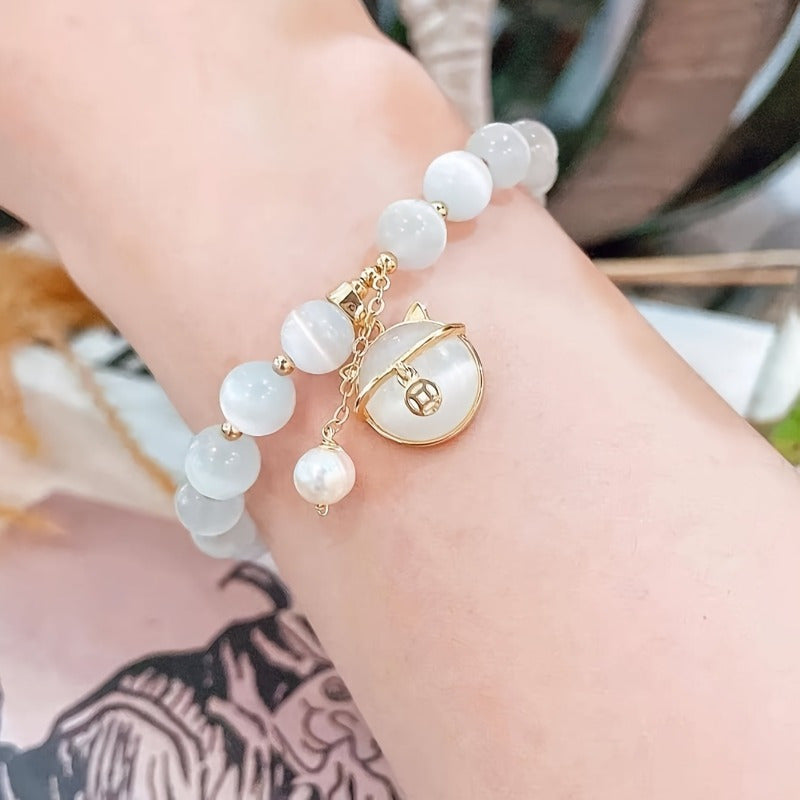 Opal Beaded Bracelet with Cat Pendant - Stylish Unisex Accessory - ZOOMNSTORE