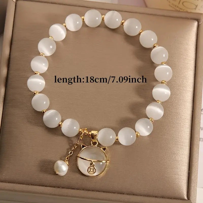 Opal Beaded Bracelet with Cat Pendant - Stylish Unisex Accessory - ZOOMNSTORE