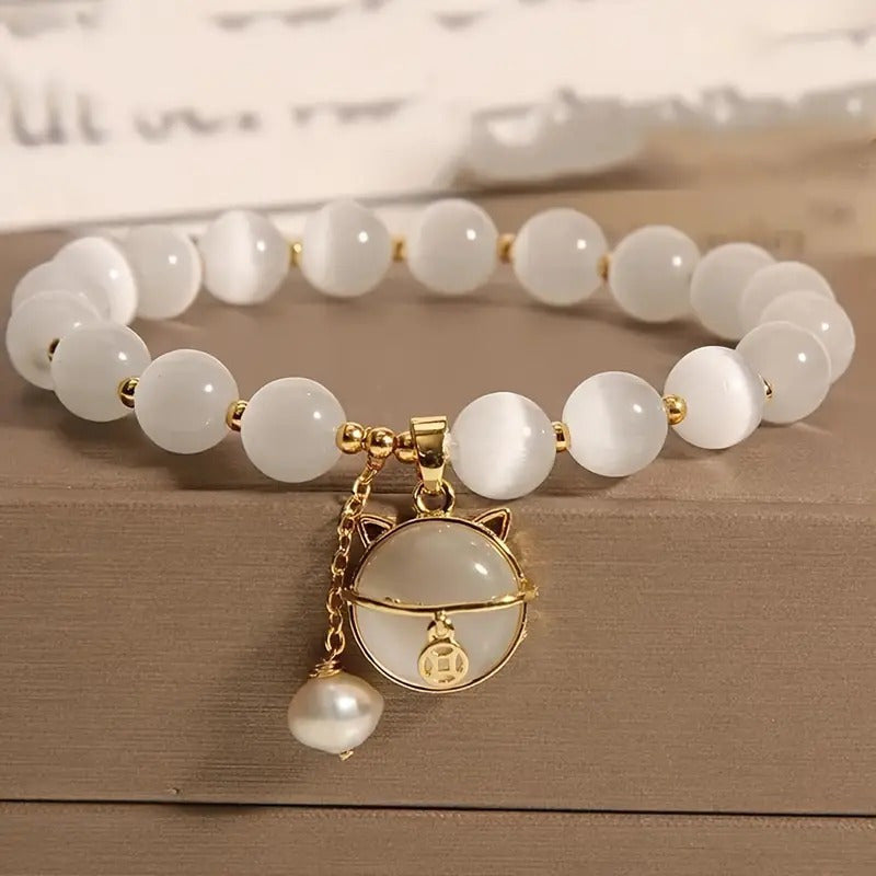 Opal Beaded Bracelet with Cat Pendant - Stylish Unisex Accessory - ZOOMNSTORE