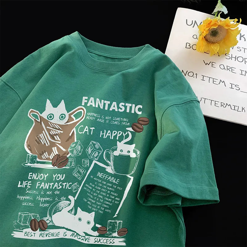 Cartoon Cat Oversized T-Shirt - Casual Short Sleeve Couples Tee - ZOOMNSTORE