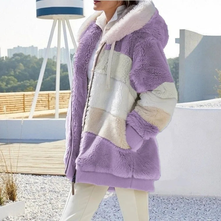 Oversized Hooded Plush Jacket for Women - Warm Autumn Winter Streetwear Coat - ZOOMNSTORE