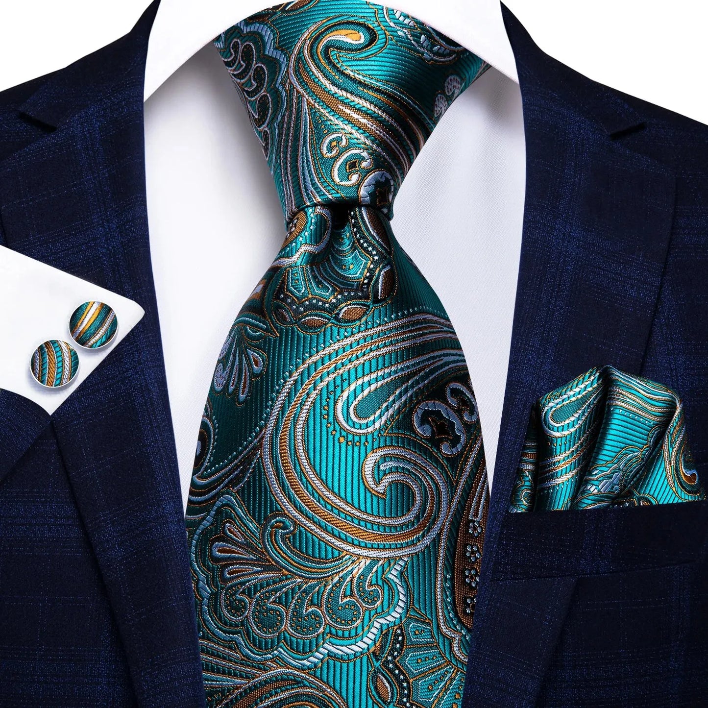Peacock Blue Silk Wedding Tie Set - Mens Designer Tie with Hanky Cufflinks - ZOOMNSTORE