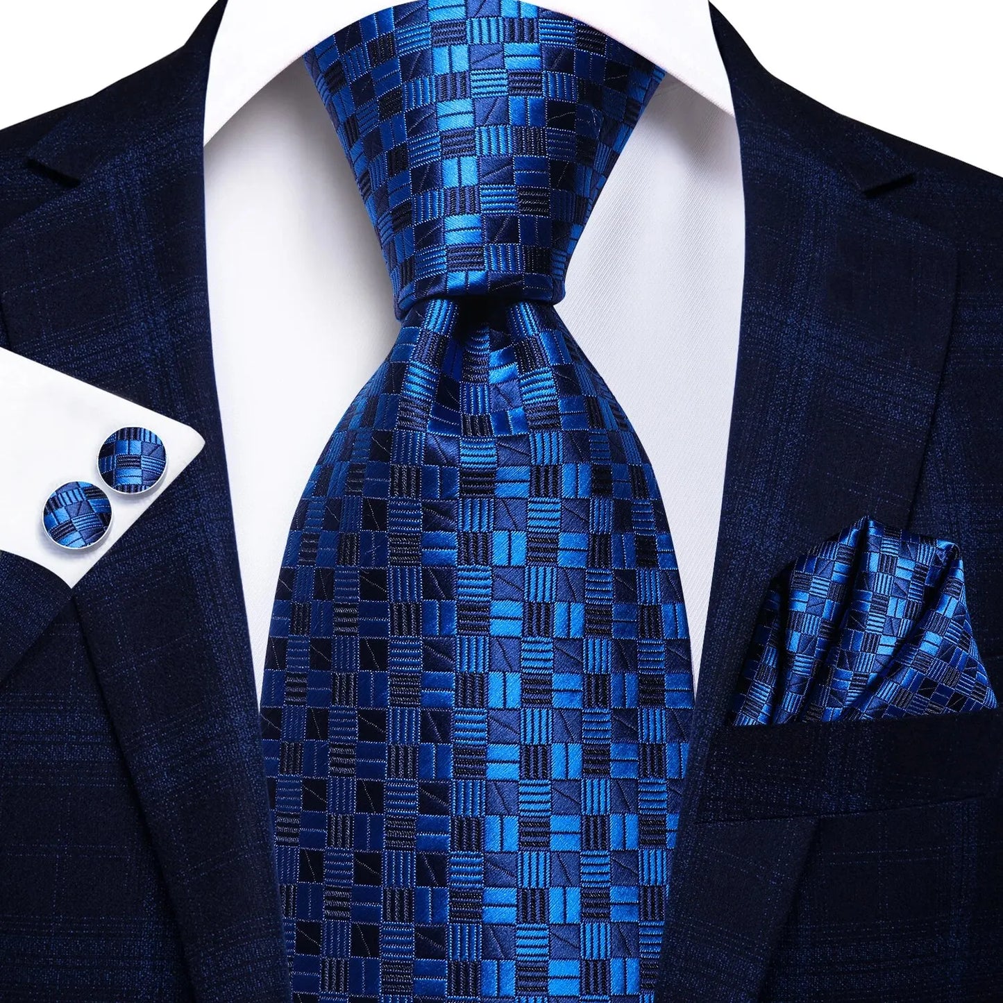 Peacock Blue Silk Wedding Tie Set - Mens Designer Tie with Hanky Cufflinks - ZOOMNSTORE