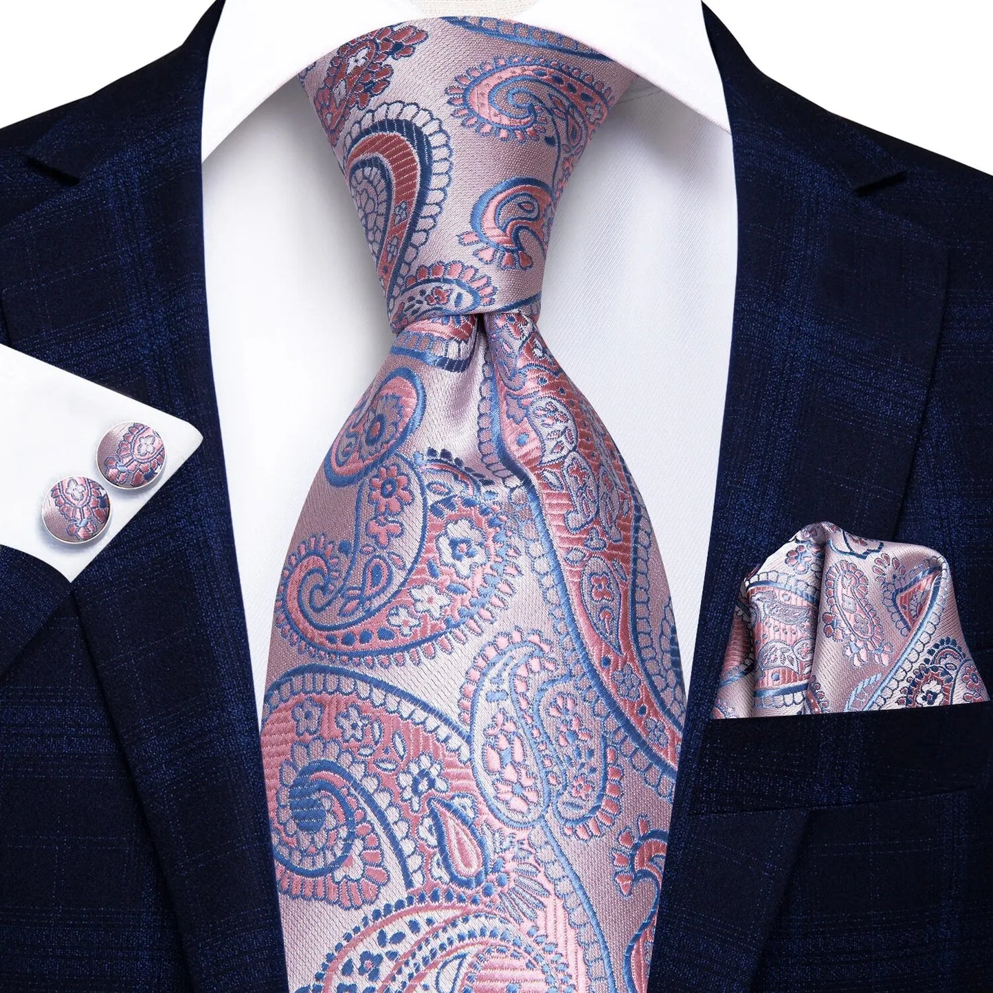 Peacock Blue Silk Wedding Tie Set - Mens Designer Tie with Hanky Cufflinks - ZOOMNSTORE
