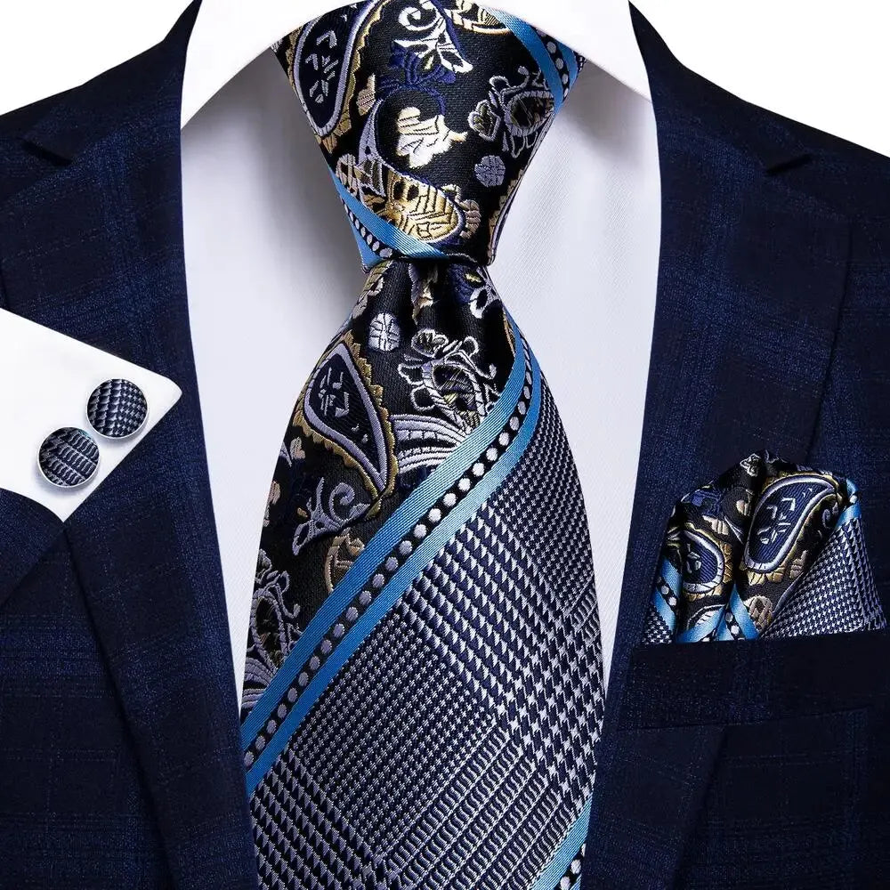 Peacock Blue Silk Wedding Tie Set - Mens Designer Tie with Hanky Cufflinks - ZOOMNSTORE