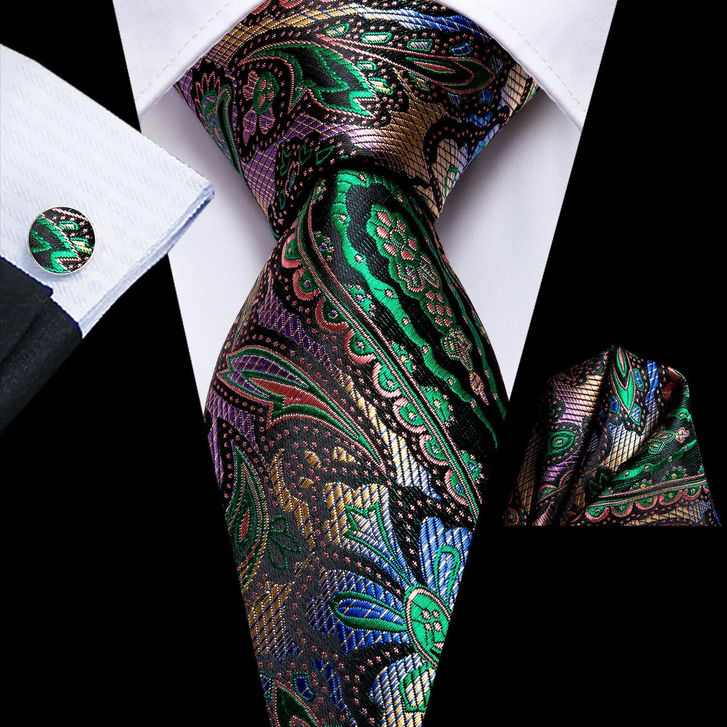 Peacock Blue Silk Wedding Tie Set - Mens Designer Tie with Hanky Cufflinks - ZOOMNSTORE