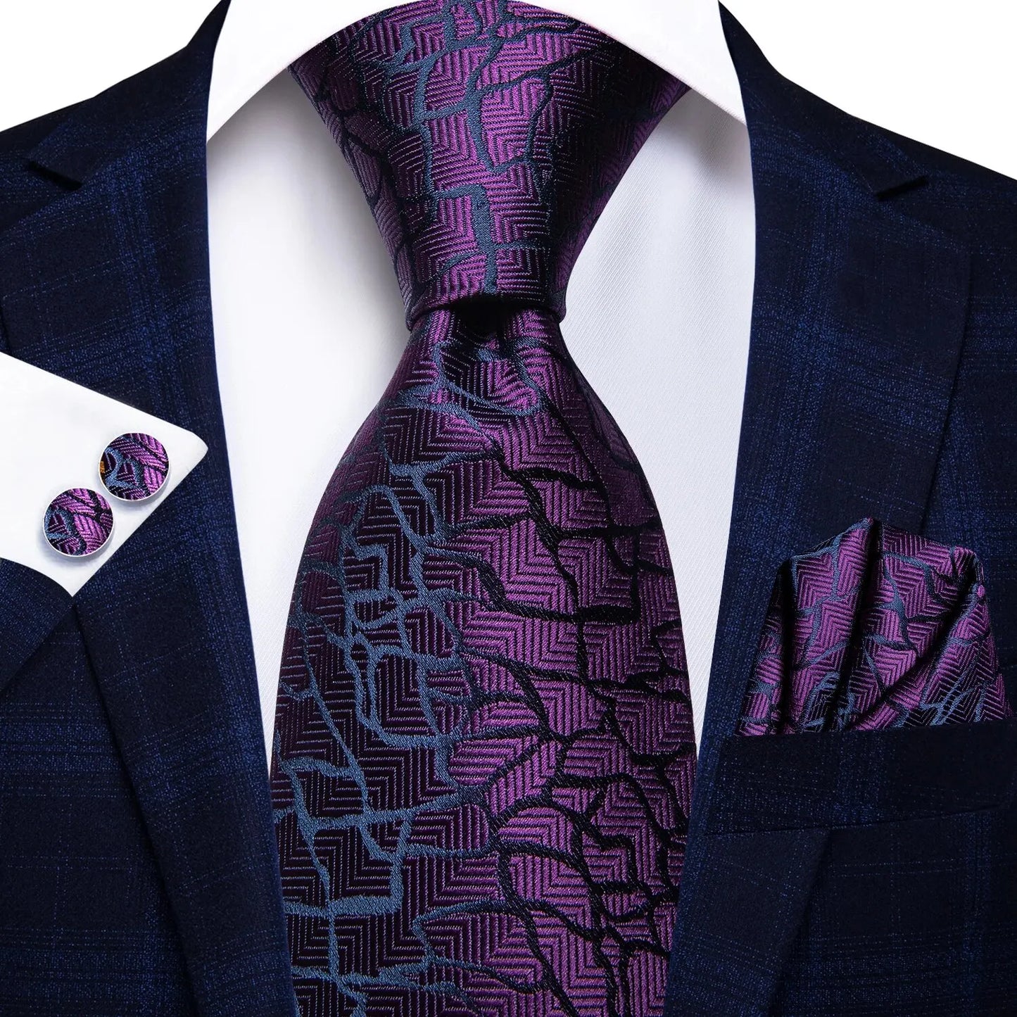 Peacock Blue Silk Wedding Tie Set - Mens Designer Tie with Hanky Cufflinks - ZOOMNSTORE