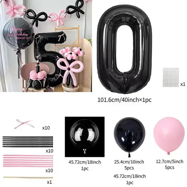 Pink Balloon Set - 45 Pieces with Black Number Balloons 0-9 for Girls Birthday Anniversary Decoration - ZOOMNSTORE
