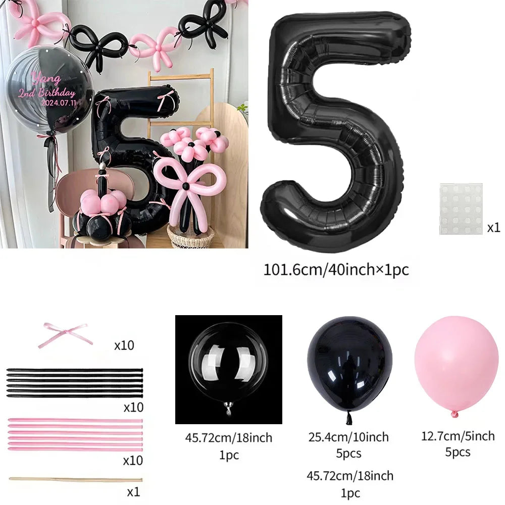 Pink Balloon Set - 45 Pieces with Black Number Balloons 0-9 for Girls Birthday Anniversary Decoration - ZOOMNSTORE