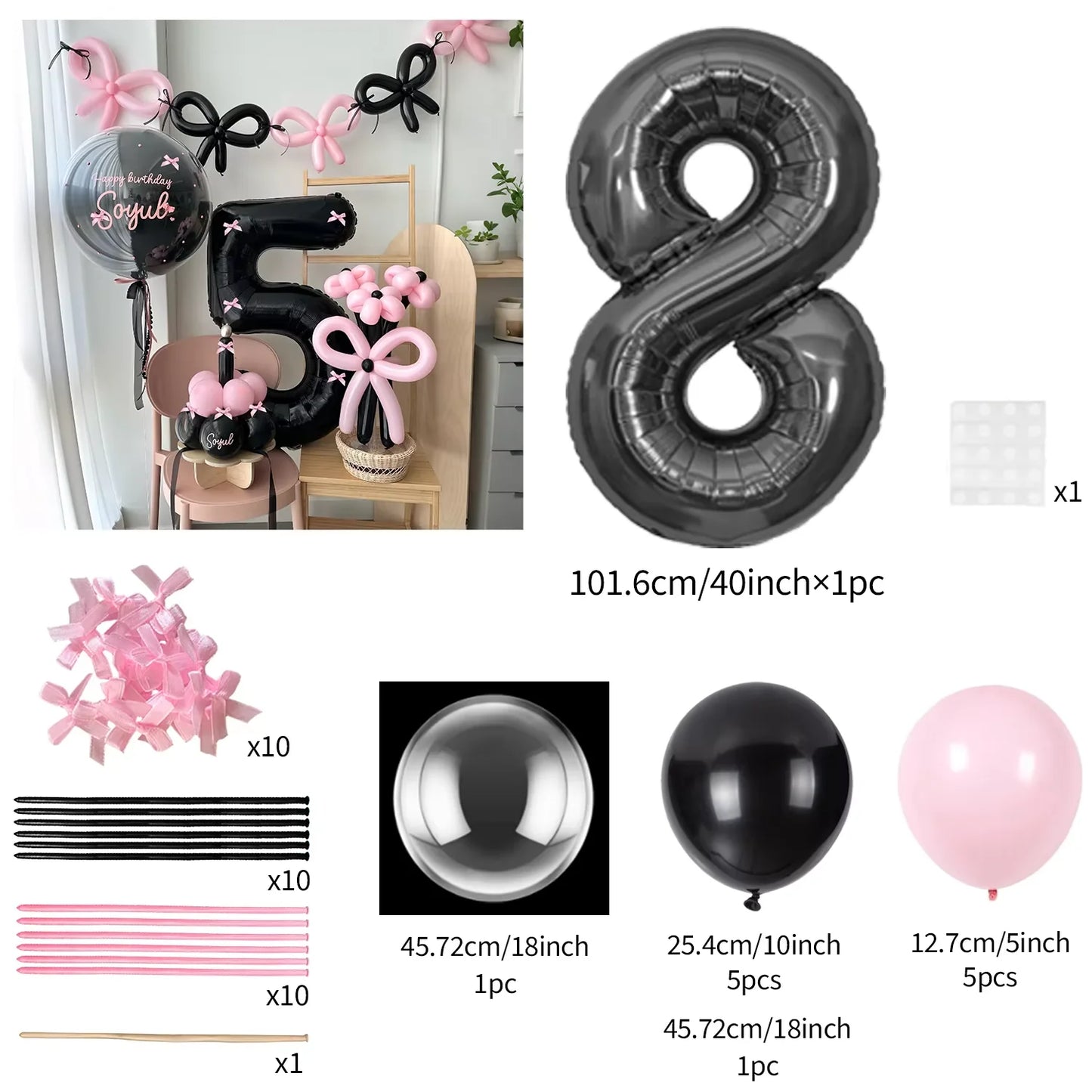 Pink Balloon Set - 45 Pieces with Black Number Balloons 0-9 for Girls Birthday Anniversary Decoration - ZOOMNSTORE