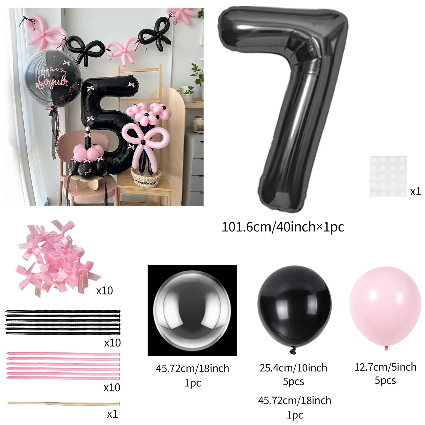 Pink Balloon Set - 45 Pieces with Black Number Balloons 0-9 for Girls Birthday Anniversary Decoration - ZOOMNSTORE