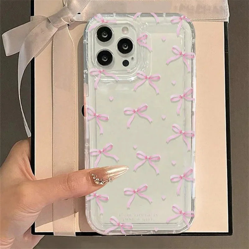 Cute Pink Heart Bow iPhone Case - Shockproof Soft Clear Cover for iPhone 11 12 13 14 15 16 Pro Max Mini XS XR 7 8 Plus SE 2022 - ZOOMNSTORE