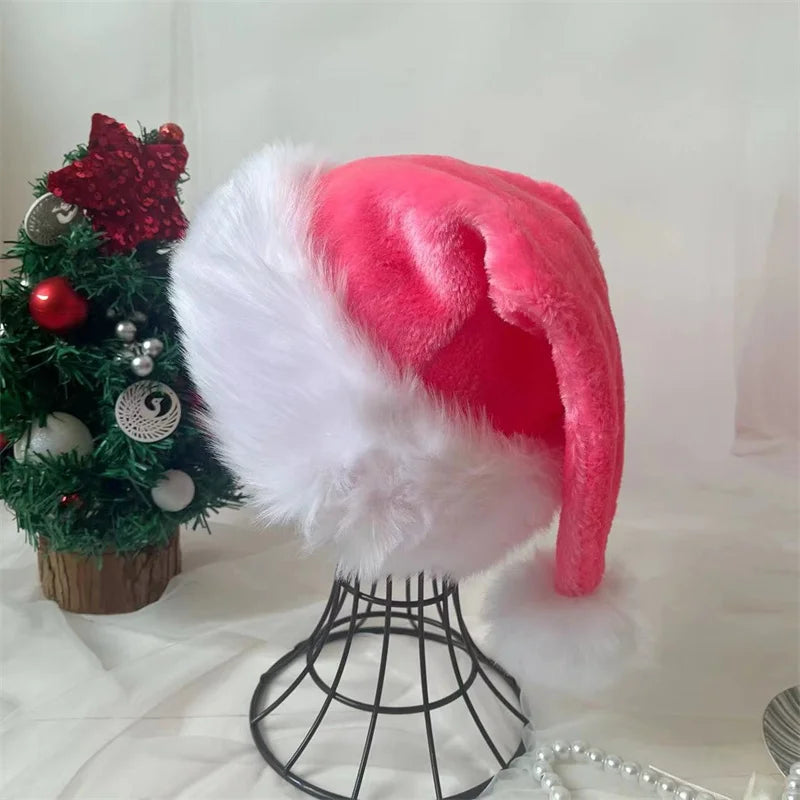 Pink Plush Santa Hat - Unisex Holiday Party Accessory for Adults Kids - ZOOMNSTORE