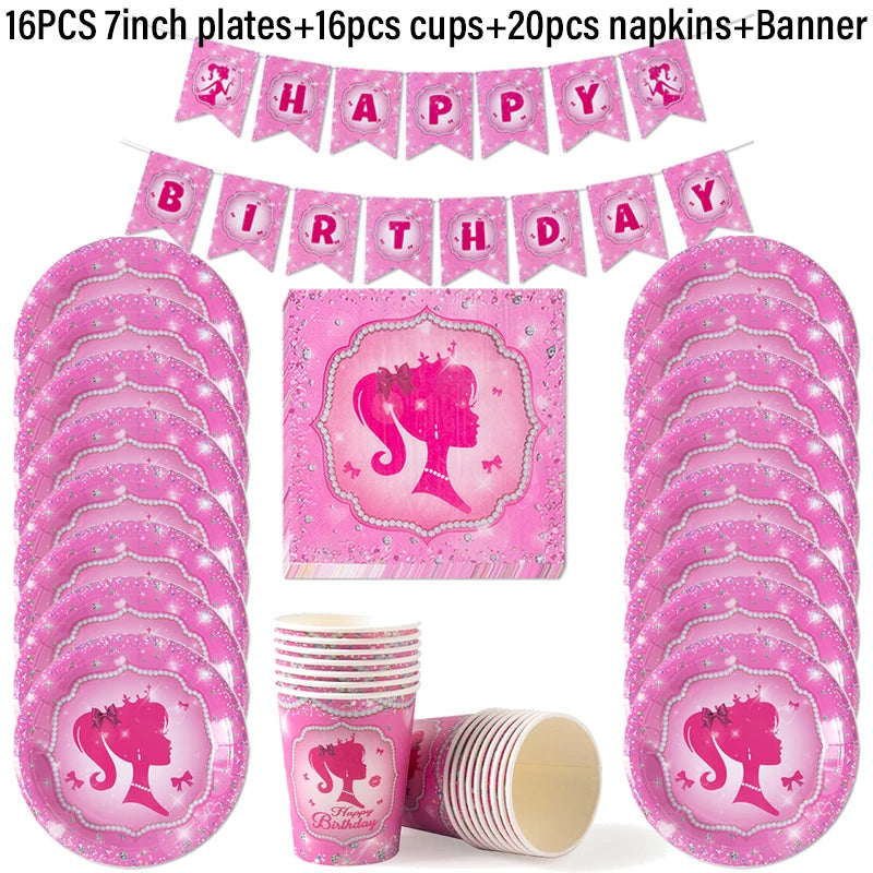 Pink Princess Party Tableware Set - Disposable Plates Cups Napkins for Girls Birthday or Baby Shower - ZOOMNSTORE