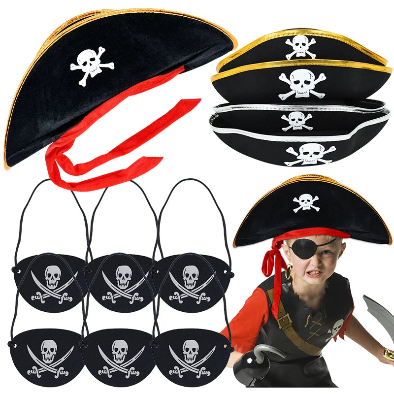 2pcs/set Pirate Hat And Pirate Skull Eye Patches Halloween Cosplay Captain Cap Headband For Adult Kids Birthday Party Decor Prop - ZOOMNSTORE