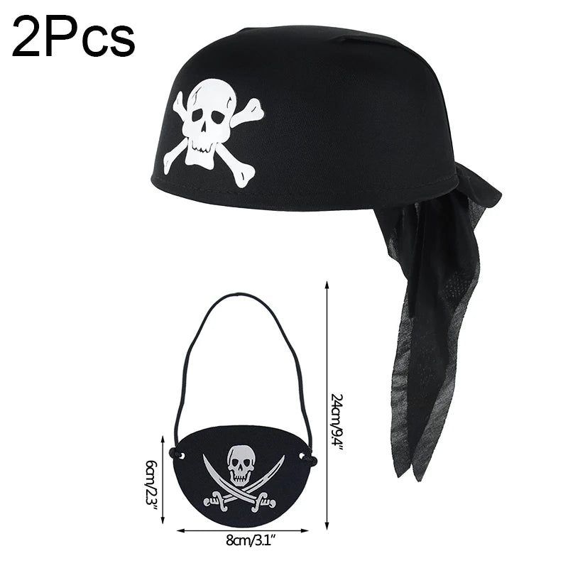 2pcs/set Pirate Hat And Pirate Skull Eye Patches Halloween Cosplay Captain Cap Headband For Adult Kids Birthday Party Decor Prop - ZOOMNSTORE