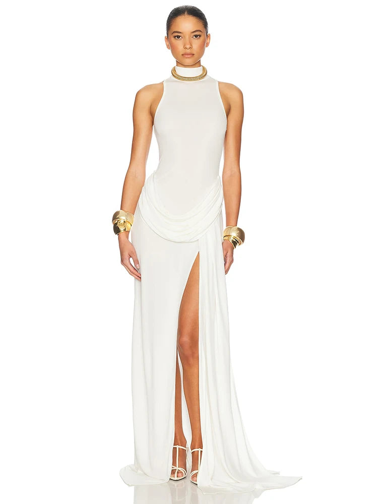 Pleated Maxi Dress - Off Shoulder Turtleneck Sleeveless High Waist Thigh Split Gown - ZOOMNSTORE
