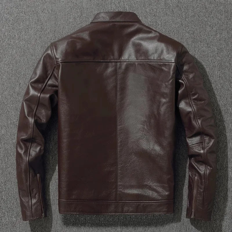 Plus Size Mens Classic Casual Leather Jacket - Slim Fit Cowhide Coat - ZOOMNSTORE
