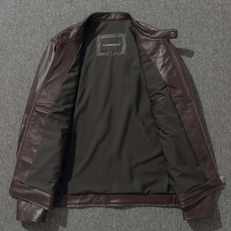 Plus Size Mens Classic Casual Leather Jacket - Slim Fit Cowhide Coat - ZOOMNSTORE