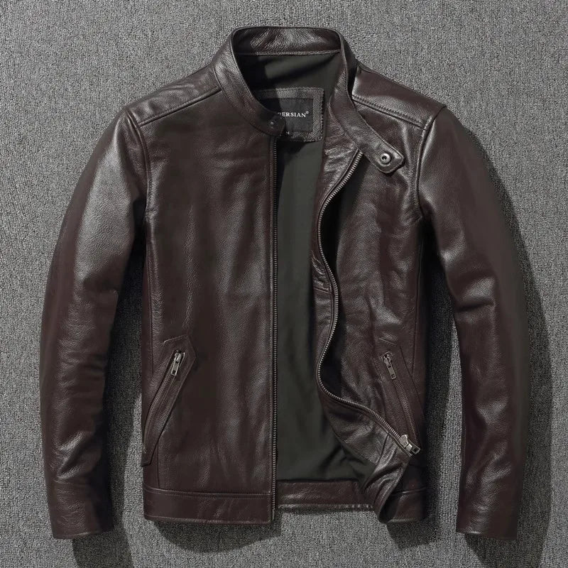 Plus Size Mens Classic Casual Leather Jacket - Slim Fit Cowhide Coat - ZOOMNSTORE