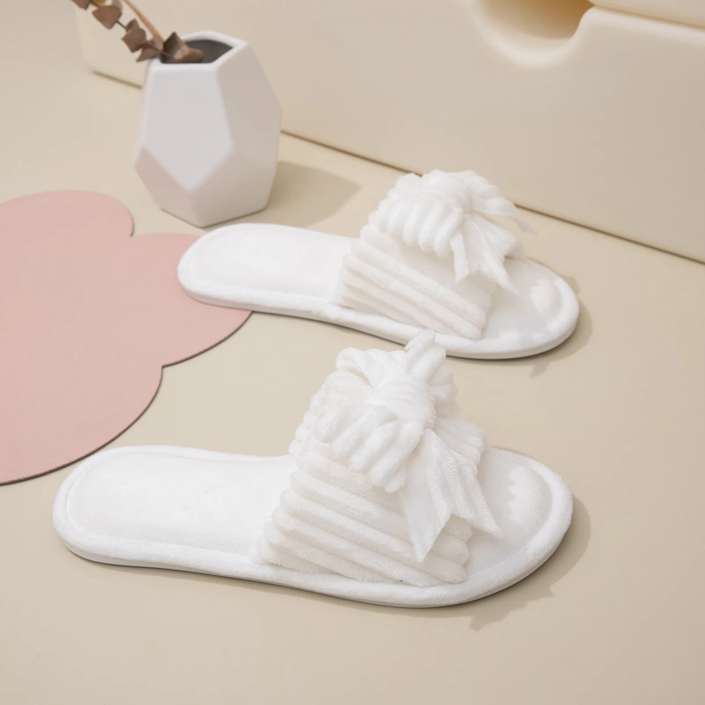 Plush Bow Decor Memory Foam Open Toe Slippers - Fluffy Womens House Shoes - ZOOMNSTORE
