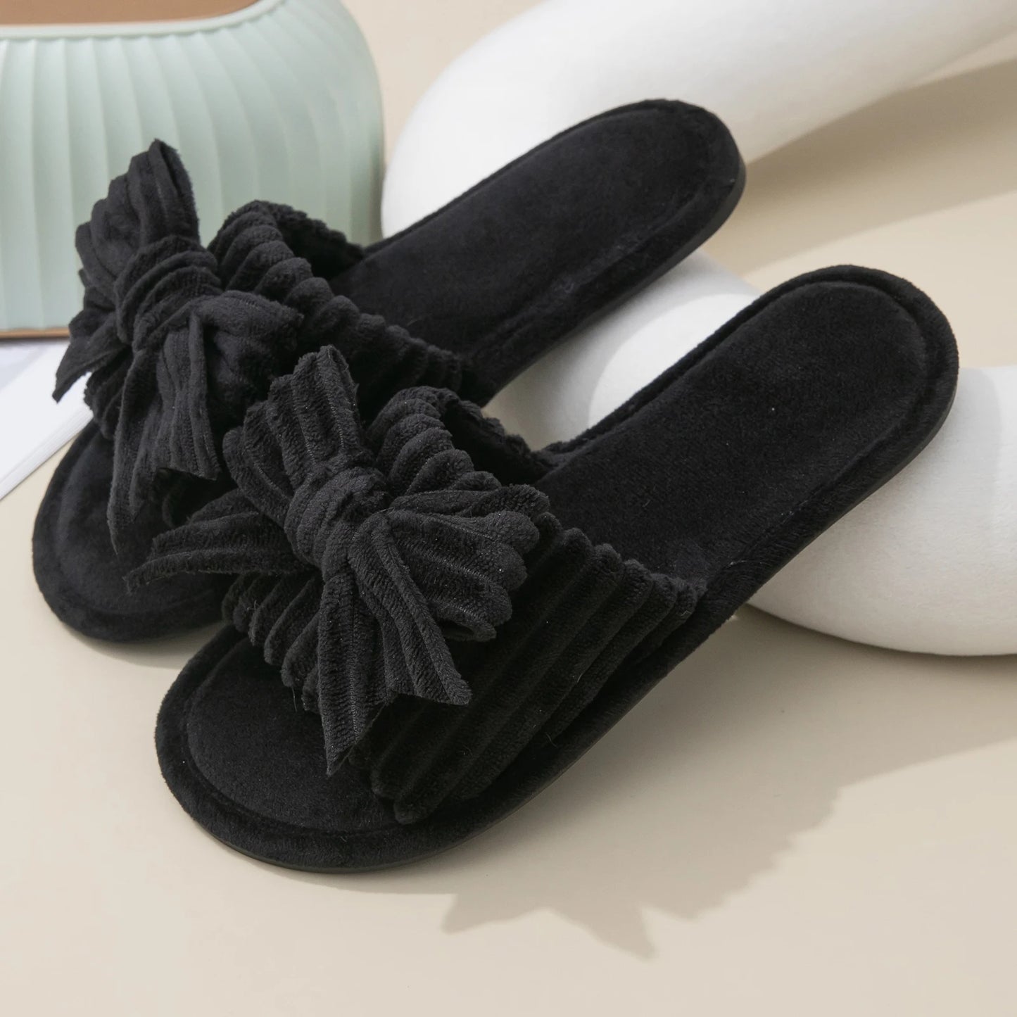 Plush Bow Decor Memory Foam Open Toe Slippers - Fluffy Womens House Shoes - ZOOMNSTORE