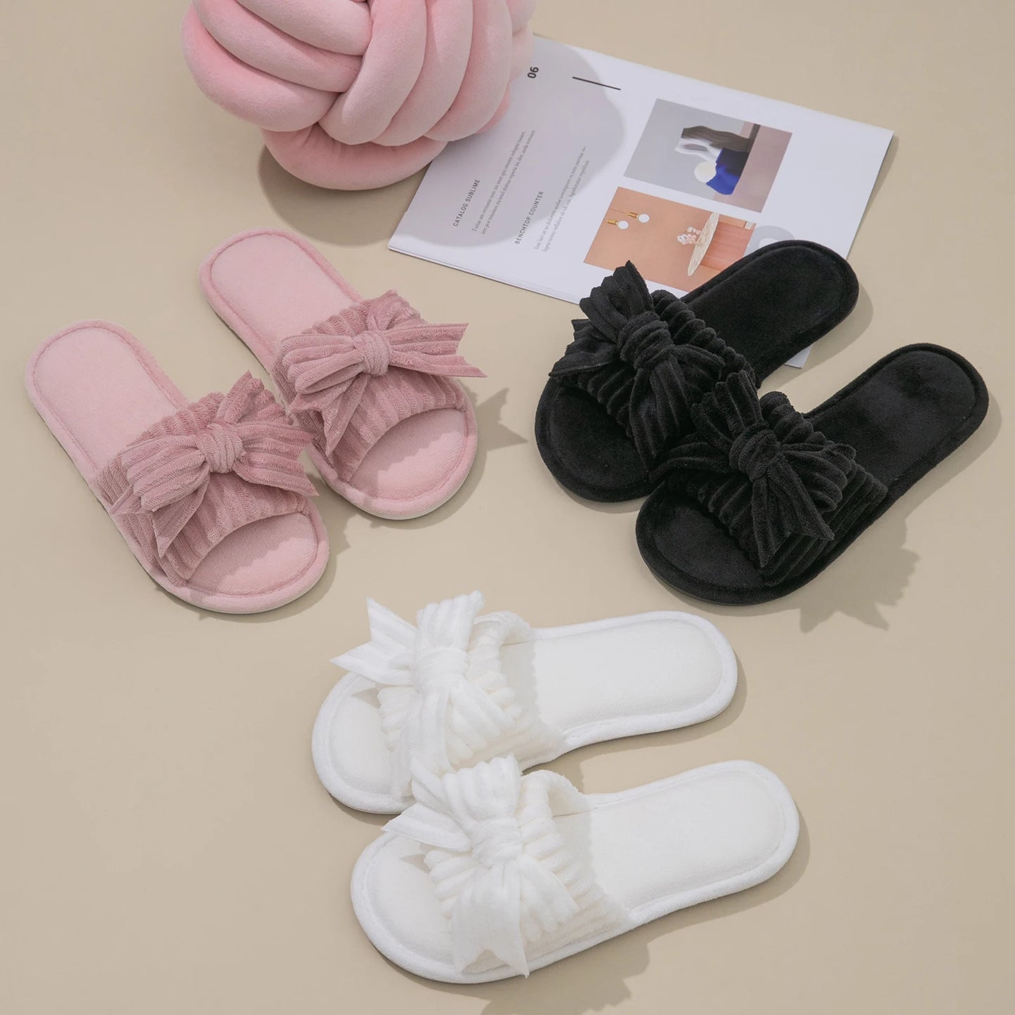 Plush Bow Decor Memory Foam Open Toe Slippers - Fluffy Womens House Shoes - ZOOMNSTORE