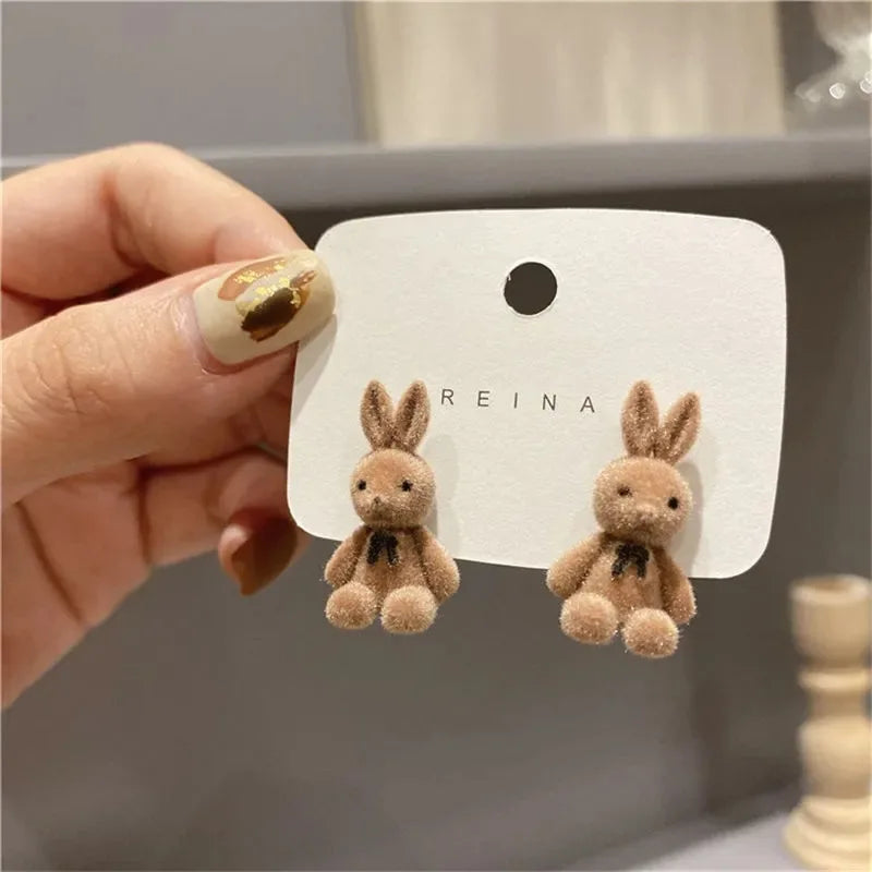 Plush Rabbit Stud Earrings - Cute Kawaii Animal Acrylic Brown Khaki Studs - ZOOMNSTORE