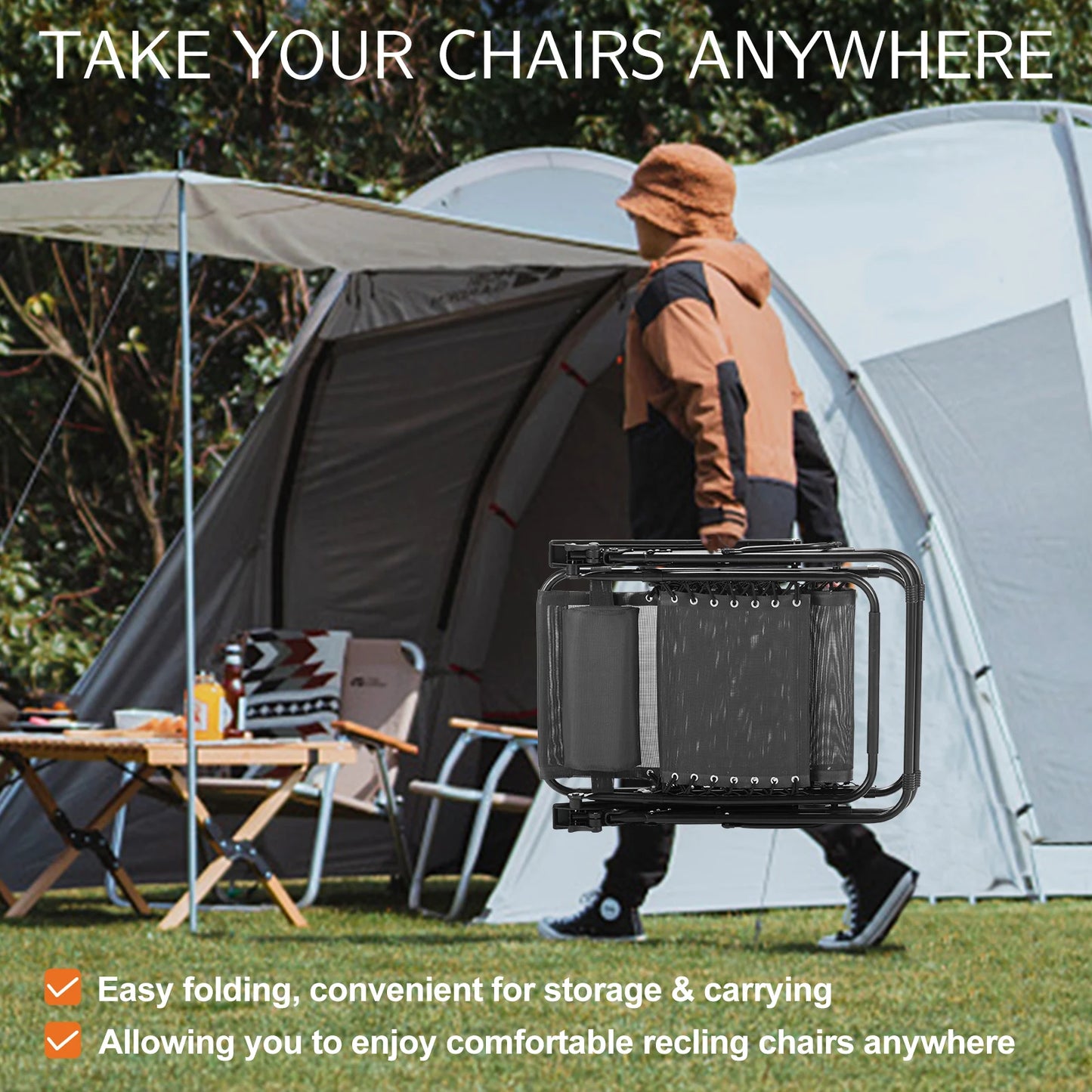 Portable Zero Gravity Recliner Chairs - Set of 2 with Cup Holders Adjustable Pillows for Camping Outdoor Use - ZOOMNSTORE