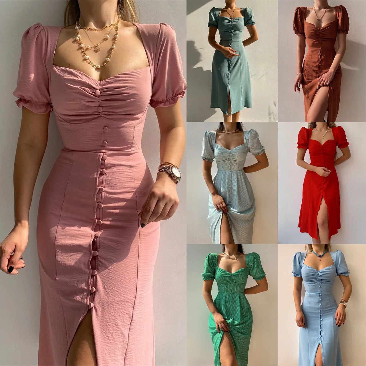 Puff Sleeve Bodycon Dress - Elegant Summer A-line Dress for Women - ZOOMNSTORE