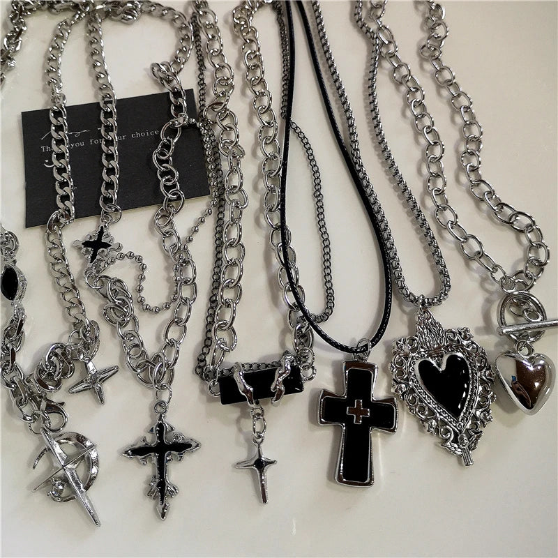 Punk Rock Heart Cross Necklace - Vintage 90s Hip Hop Grunge Accessories for Men Women - ZOOMNSTORE
