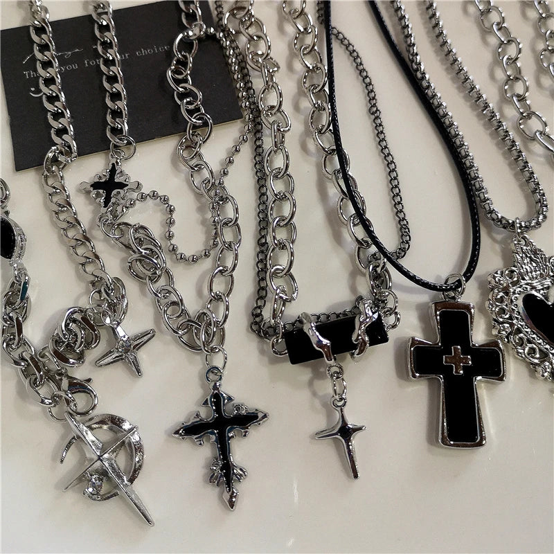 Punk Rock Heart Cross Necklace - Vintage 90s Hip Hop Grunge Accessories for Men Women - ZOOMNSTORE