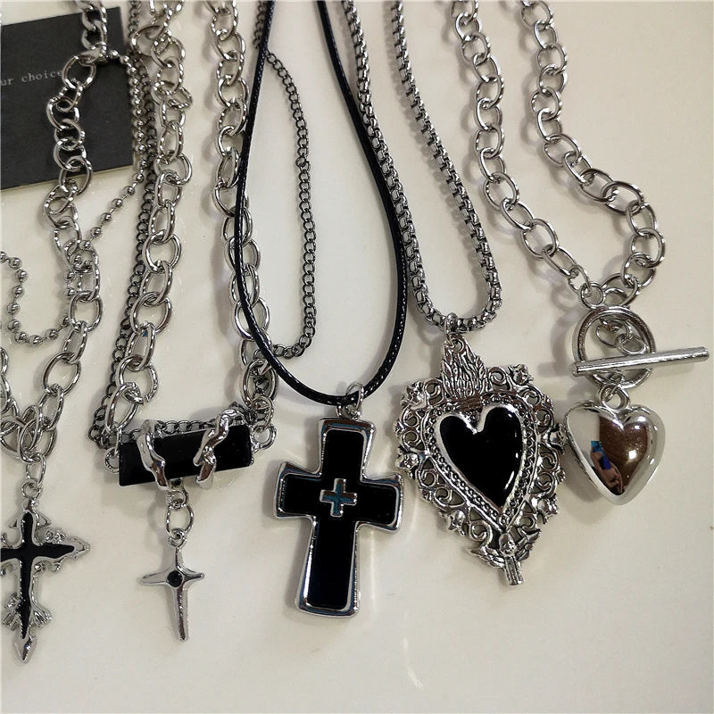 Punk Rock Heart Cross Necklace - Vintage 90s Hip Hop Grunge Accessories for Men Women - ZOOMNSTORE