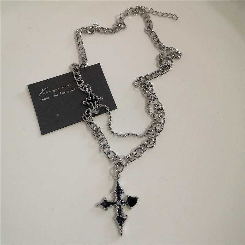 Punk Rock Heart Cross Necklace - Vintage 90s Hip Hop Grunge Accessories for Men Women - ZOOMNSTORE