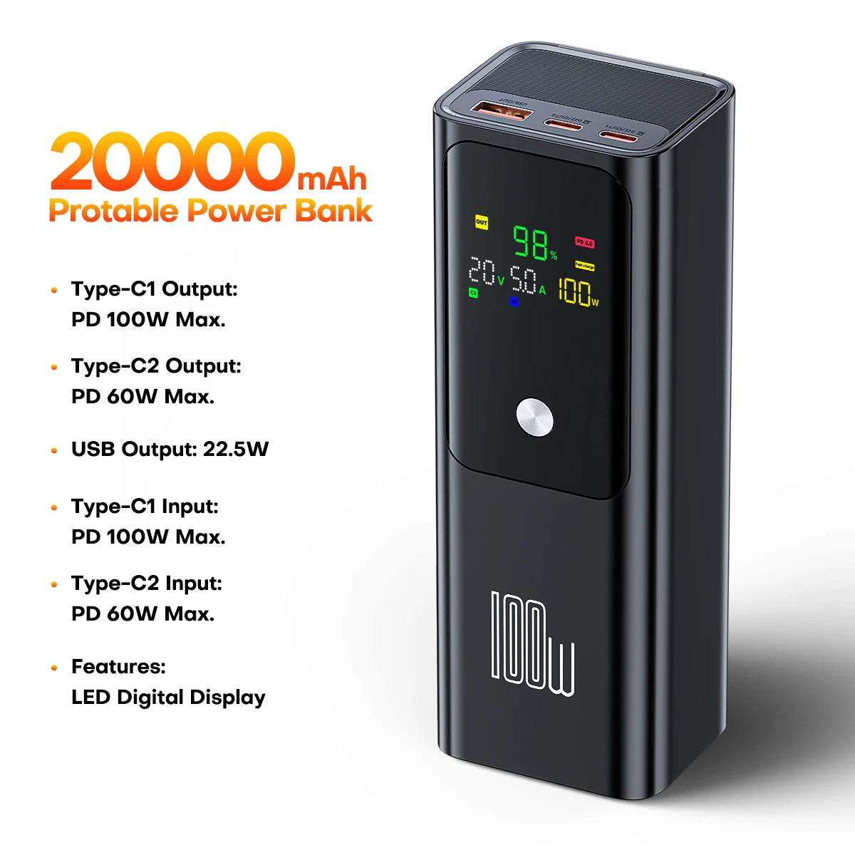 QOOVI PD 100W Power Bank 20000mAh External Battery Capacity Fast Charging Portable Charger Powerbank For Laptop iPhone Samsung - ZOOMNSTORE